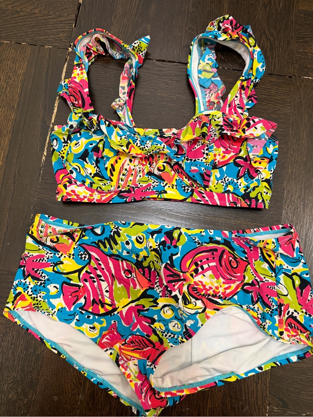 Michael Kors Collection Bright Multicolor Ruffle Bikini — Pink, Blue & Yellow